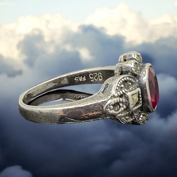Antique Style Created Ruby Marcasite Ring 925 Sterling Silver Size 9.5 - Picture 7 of 8